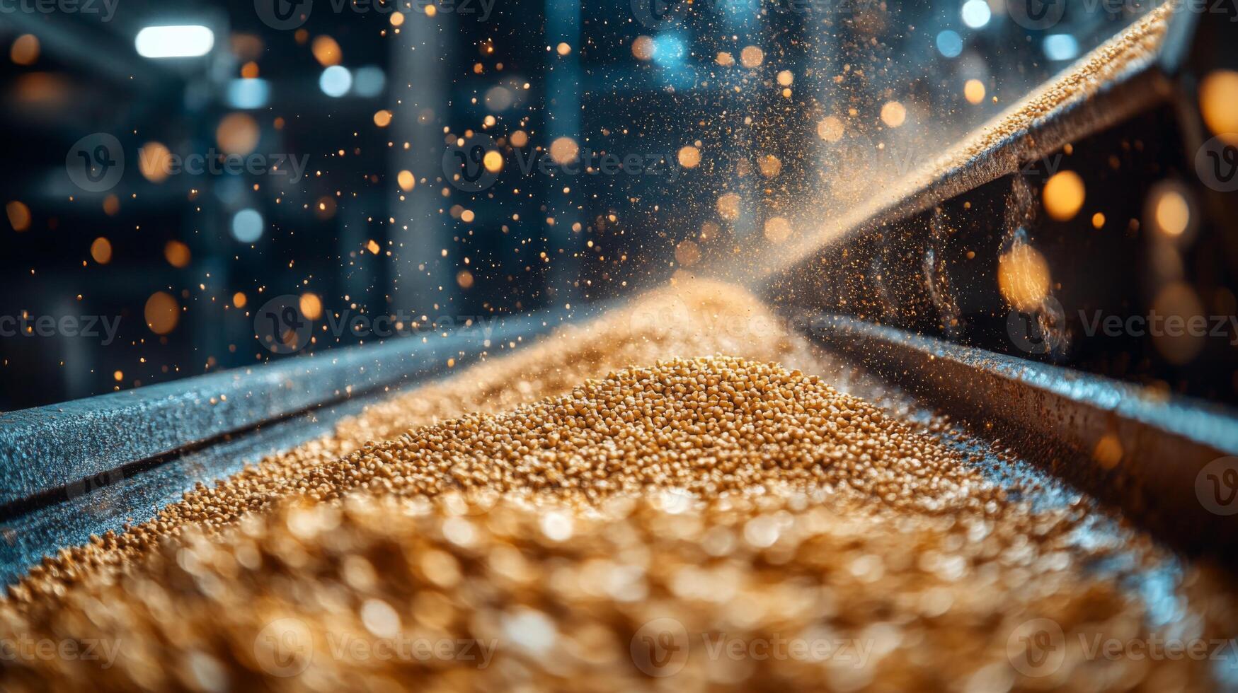 Golden grains flow smoothly along the conveyor belt in a manufacturing facility, showcasing the automation of the processing operations and efficiency in production. photo