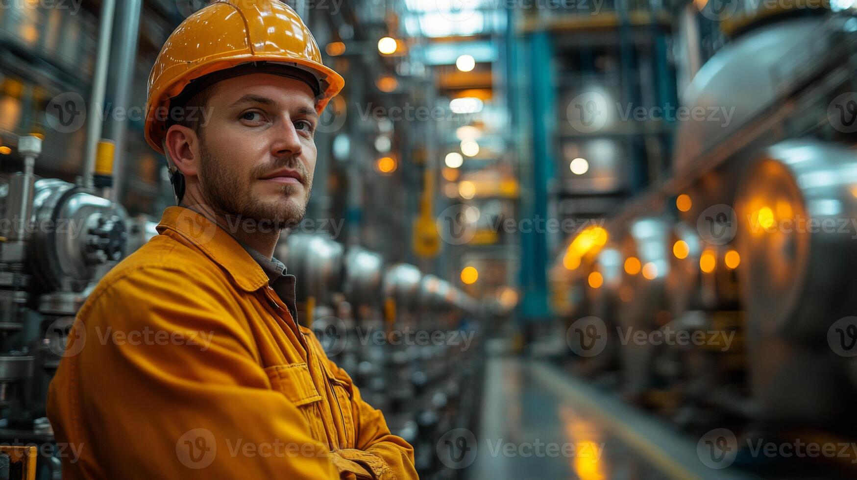 A worker in safety gear monitors machinery in a bustling petrochemical refinery, ensuring efficient production and automation processes. The environment reflects industrial engineering quality. photo