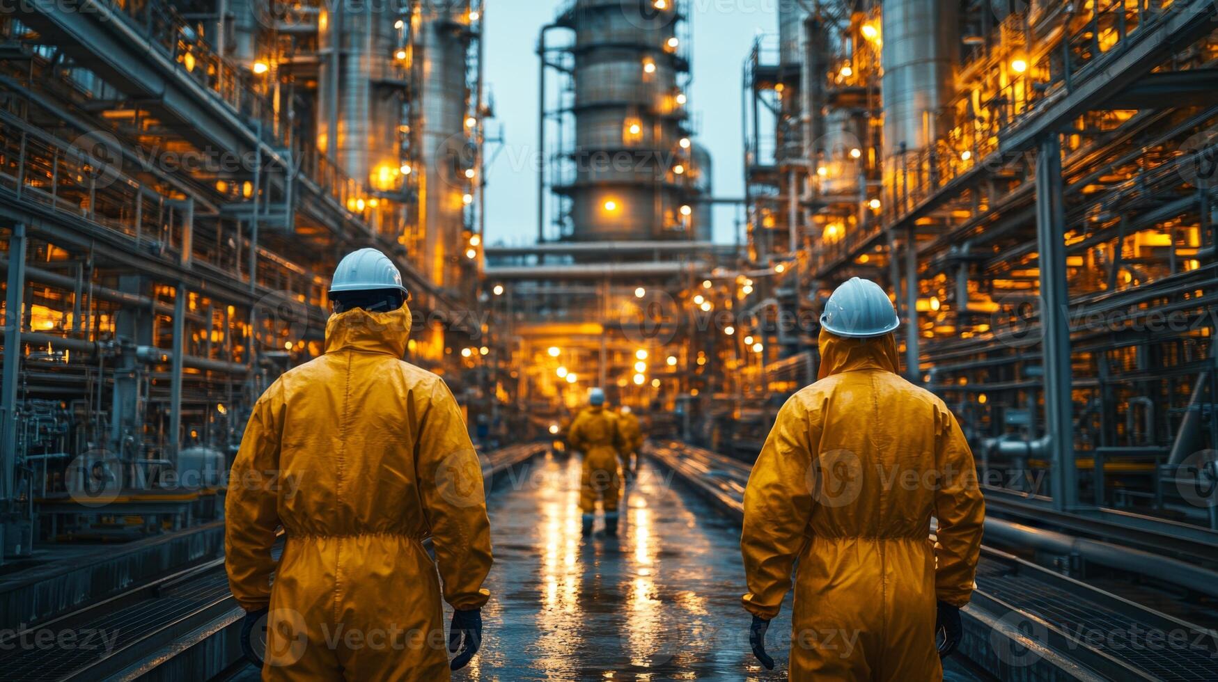 Workers in yellow protective suits evaluate processing equipment at a petrochemical refinery. The facility is illuminated by industrial lights, showcasing automation and engineering at work. photo