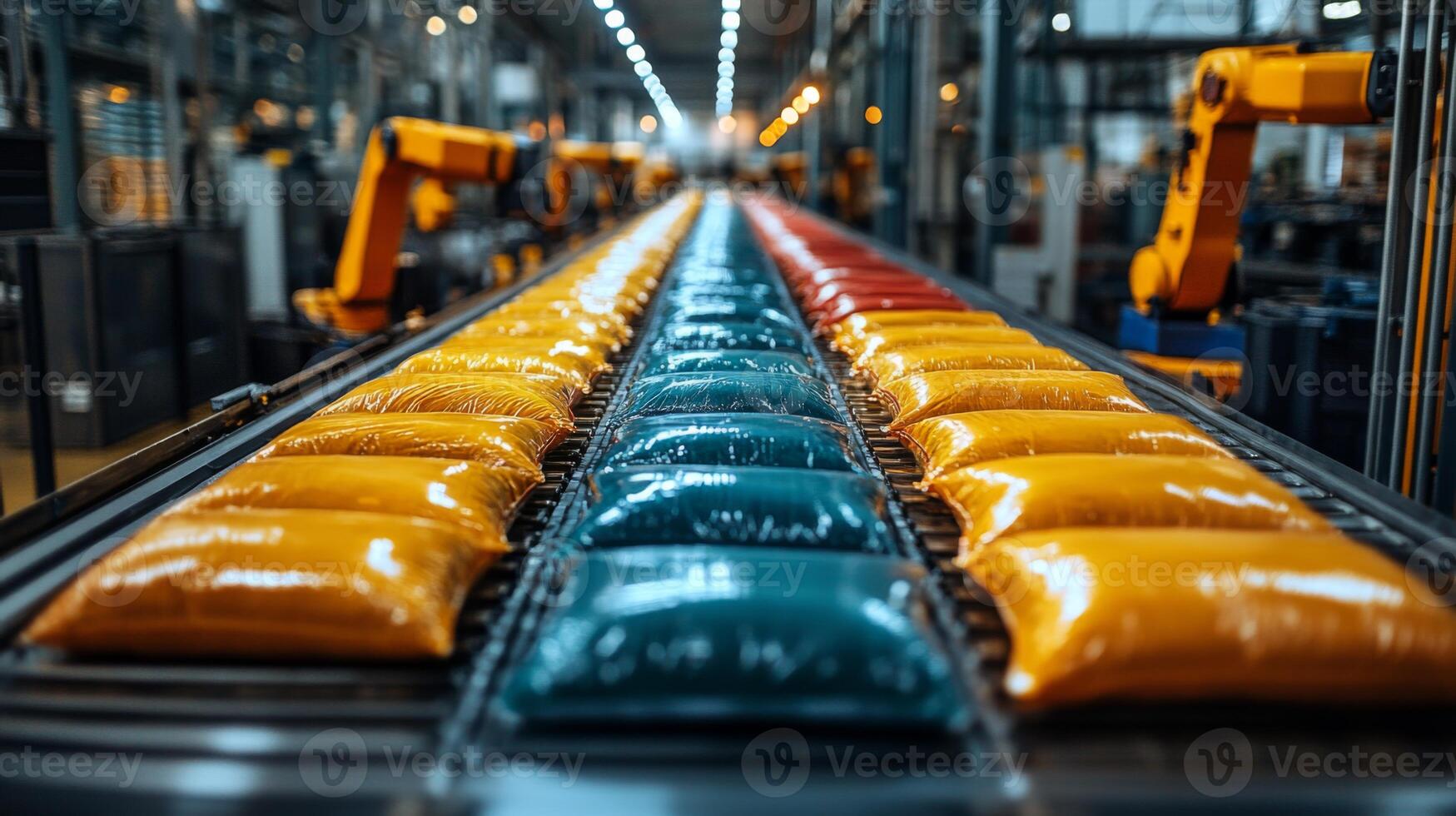 Robotic arms efficiently package colored sacks of material on a conveyor system in a modern petrochemical refinery, highlighting industrial automation processes. photo