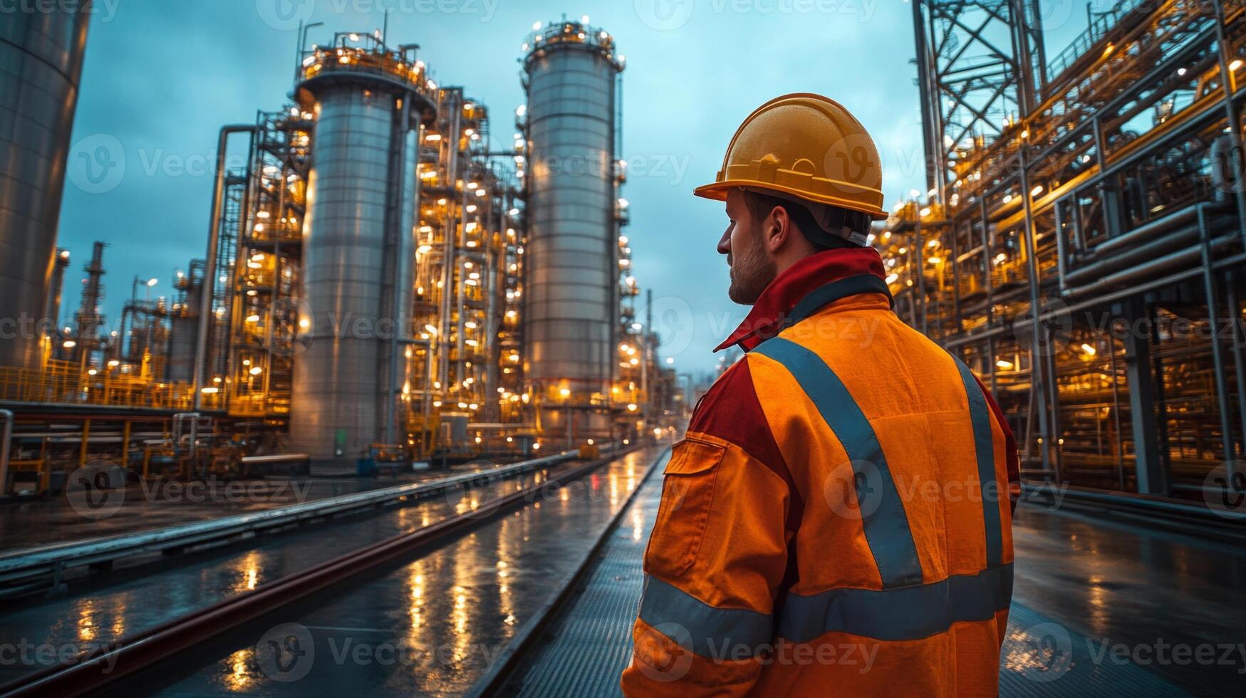 In a petrochemical refinery, workers oversee automation processes and monitoring equipment. The industrial setting glows with lights as evening sets in, highlighting engineering precision. photo