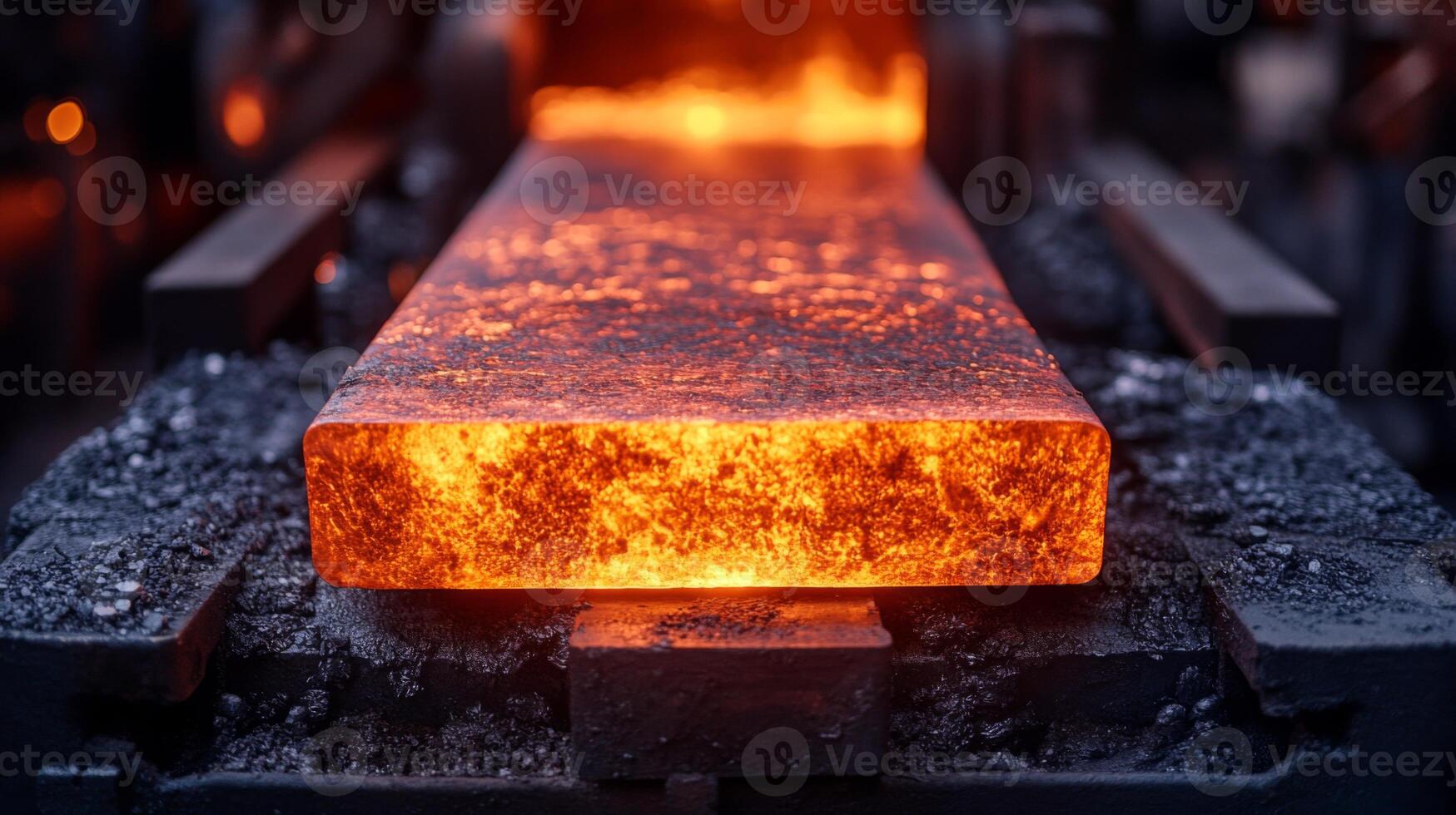 Hot molten steel is being processed in a factory environment, where skilled workers utilize engineering techniques for shaping and casting. photo
