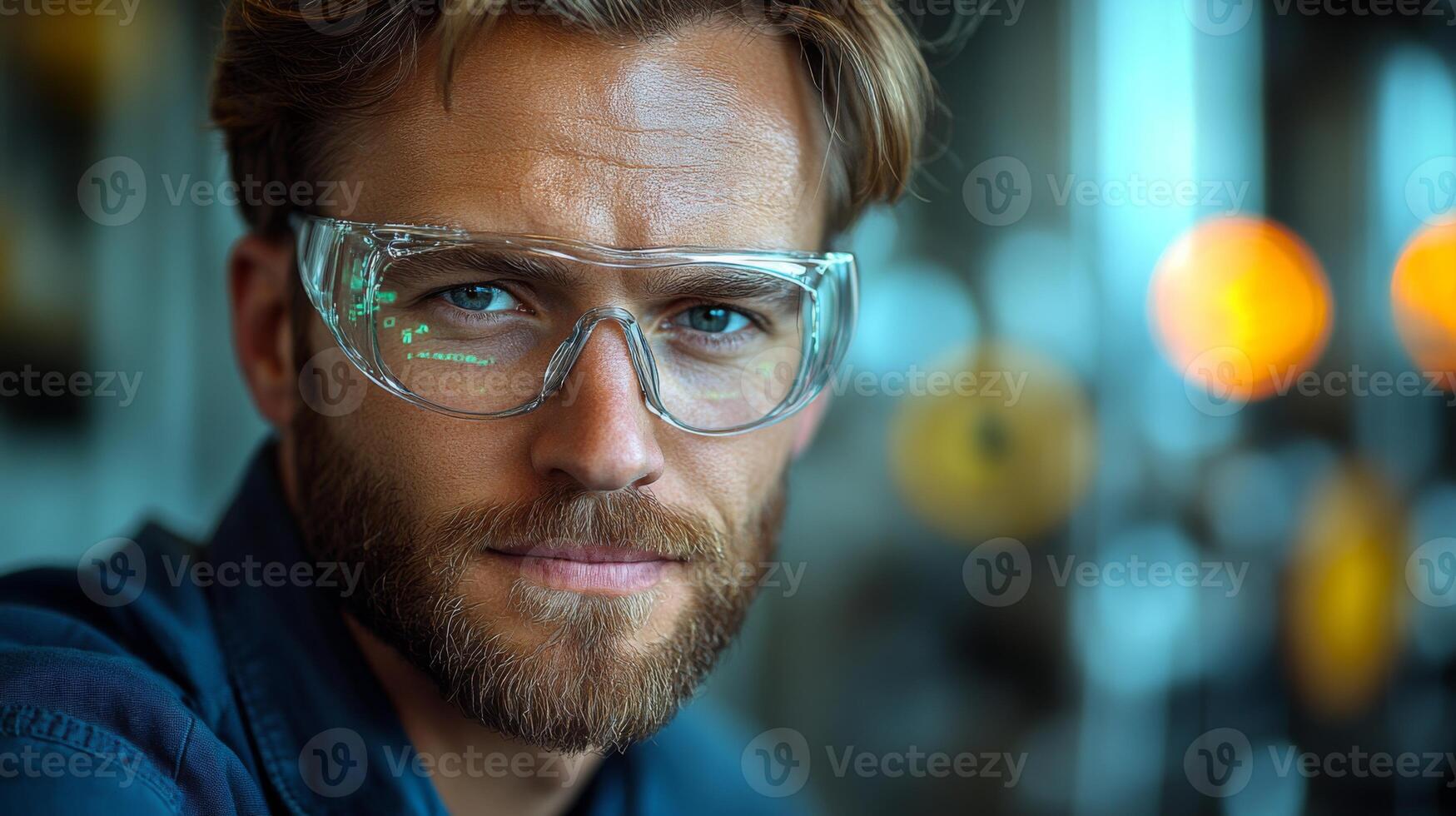 A focused engineer in safety glasses oversees activities in a bustling petrochemical factory, ensuring efficient processing and automation tasks are carried out effectively. photo