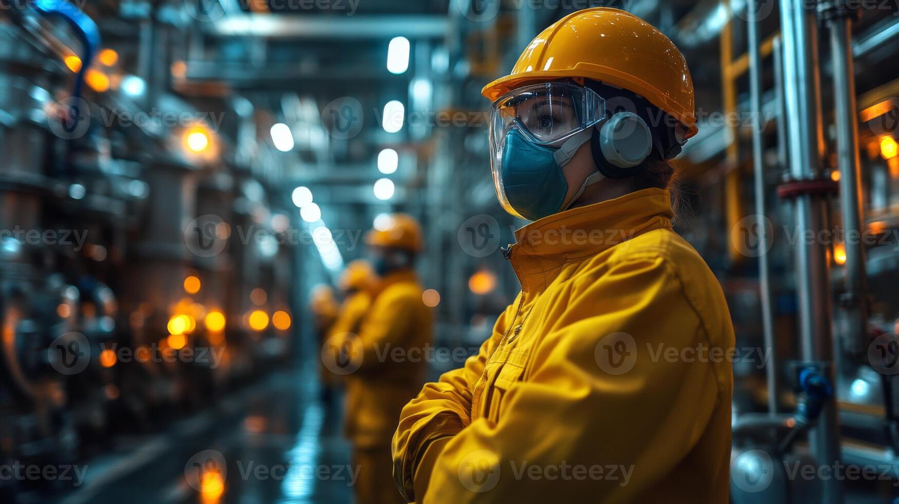 Workers in safety gear stand in a petrochemical refinery, focusing on operations. Bright orange lights illuminate the industrial environment as machines process chemicals. photo