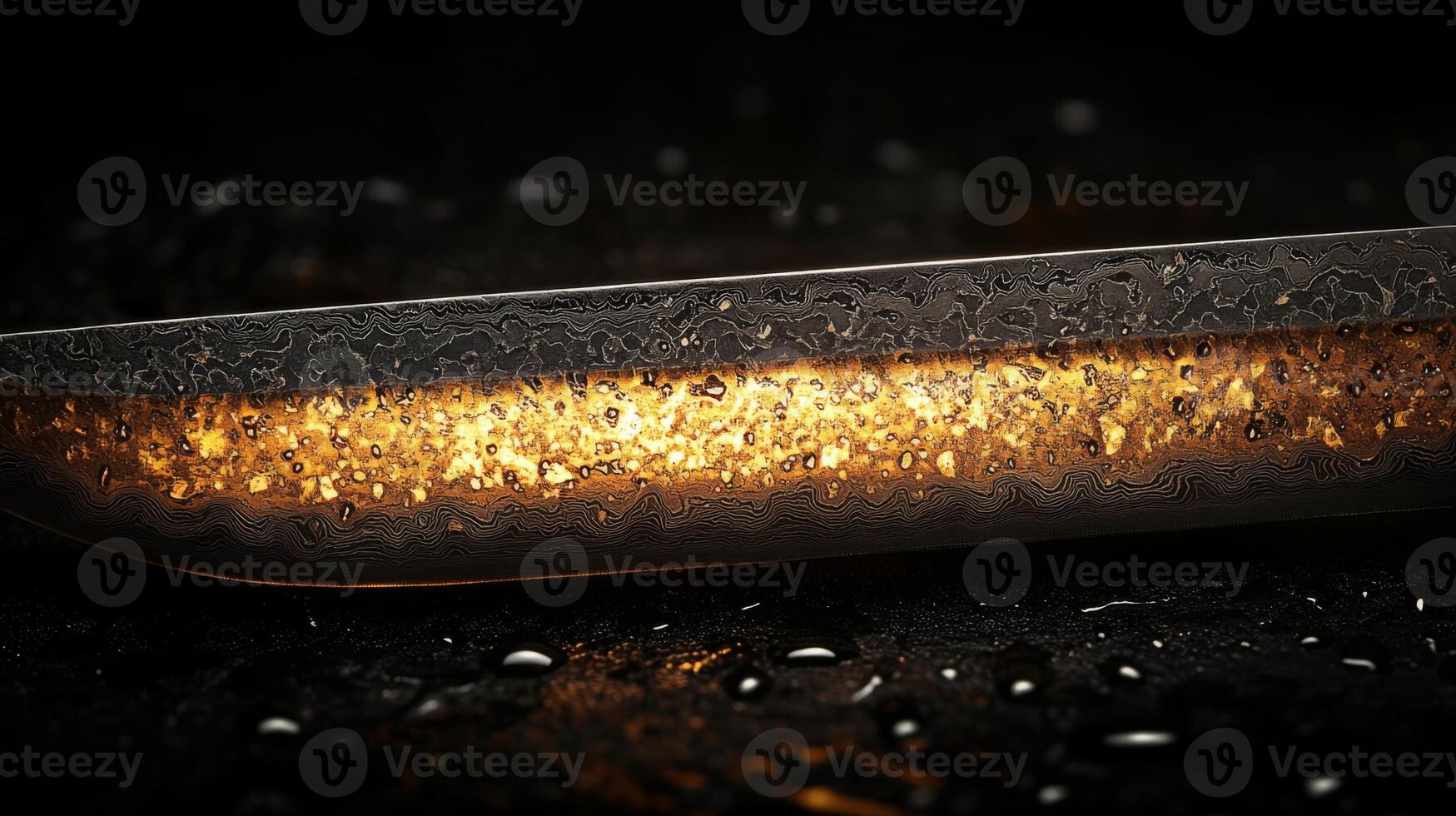 An intricate steel blade features unique patterns and vibrant layers, illuminated by soft ambient light that highlights its craftsmanship and detail. photo