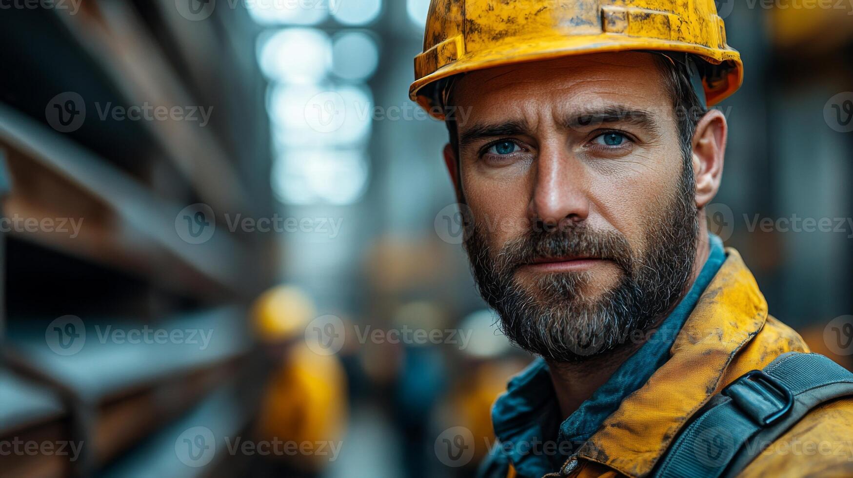 A worker in a protective helmet stands in a factory filled with metal materials. The facility is engaged in steel and aluminum processing, showcasing industrial activity. photo