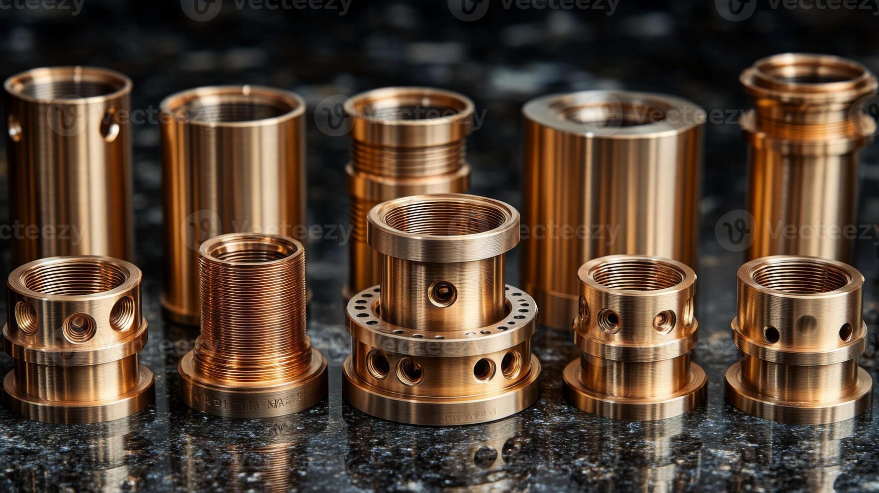 Highly detailed precision machined metal components are arranged in a sleek line, highlighting the intricacies of modern manufacturing techniques in metal fabrication. photo