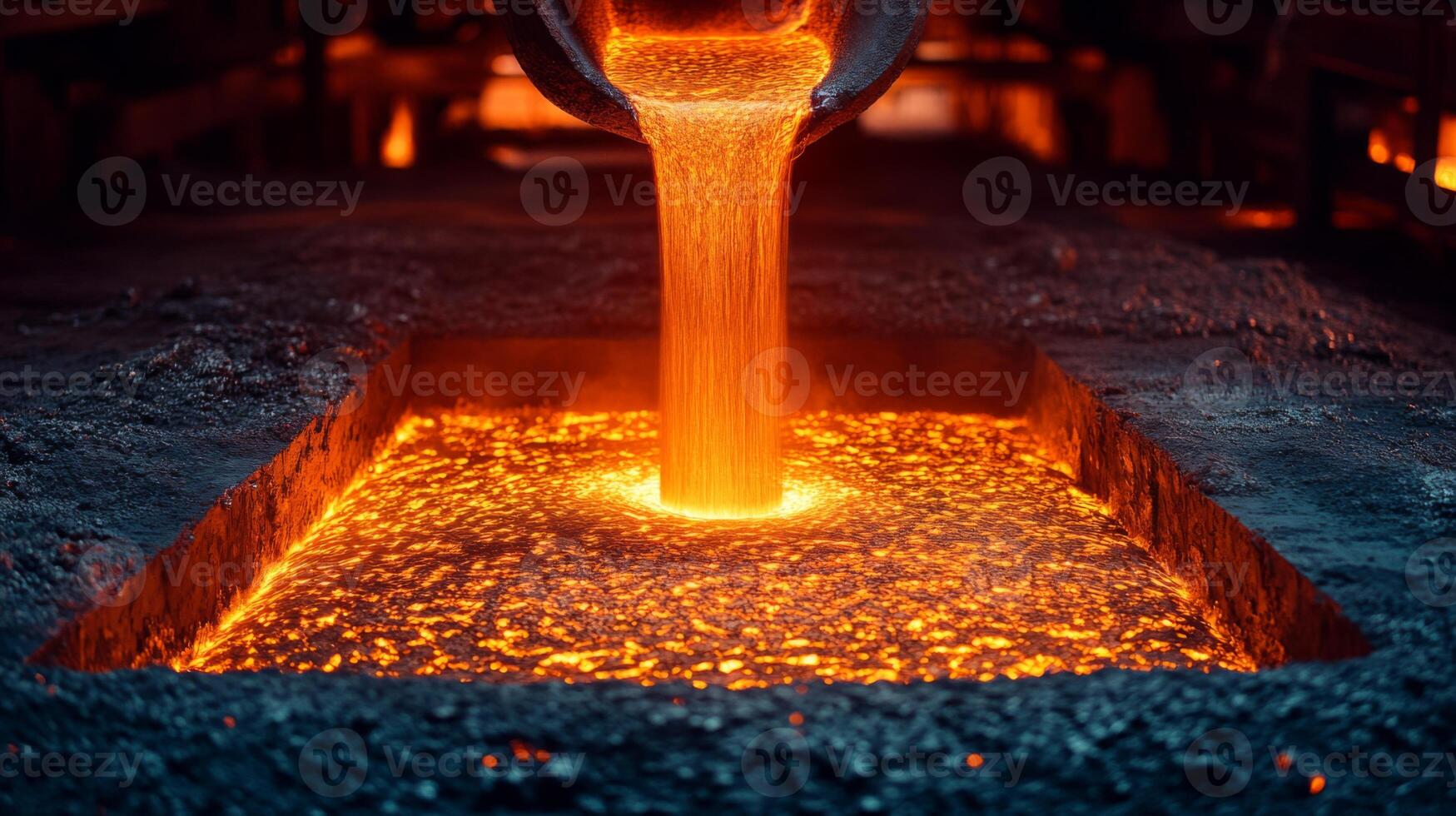 In a manufacturing facility, molten metal flows from a ladle into a casting mold, illuminating the workspace with intense heat. Workers monitor the process closely for quality. photo
