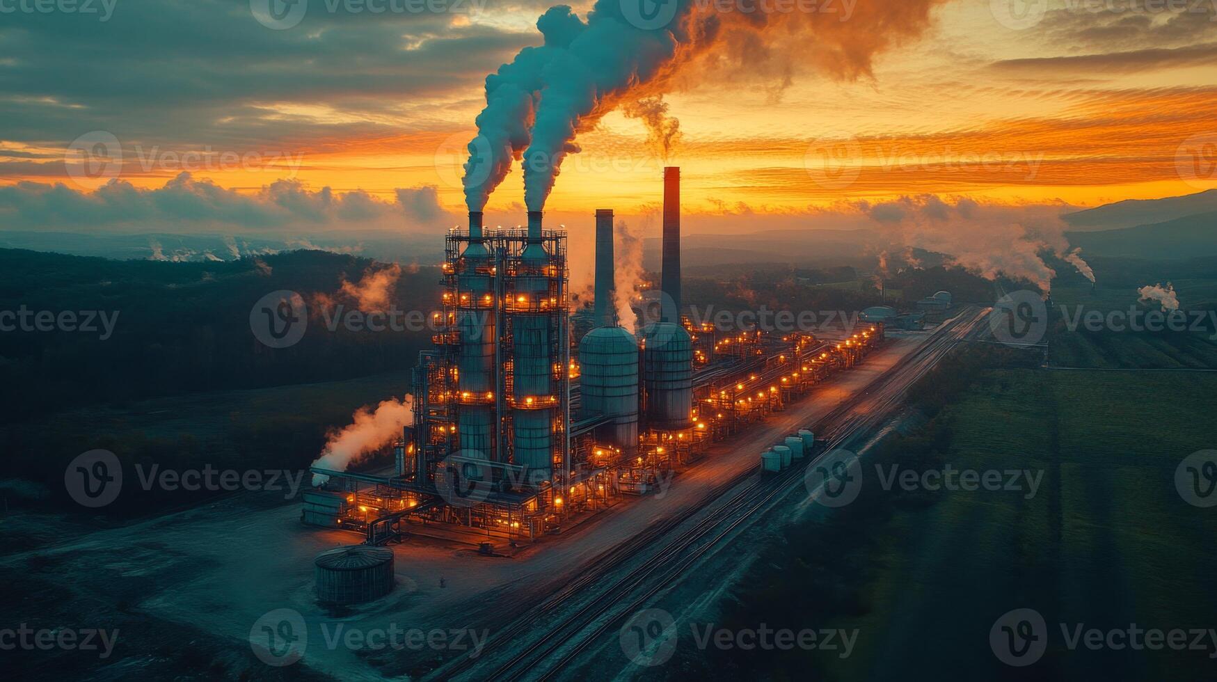 Located in a remote area, a manufacturing plant operates during sunset, showcasing numerous smokestacks emitting steam. The facility is involved in petrochemical synthesis and processing. photo