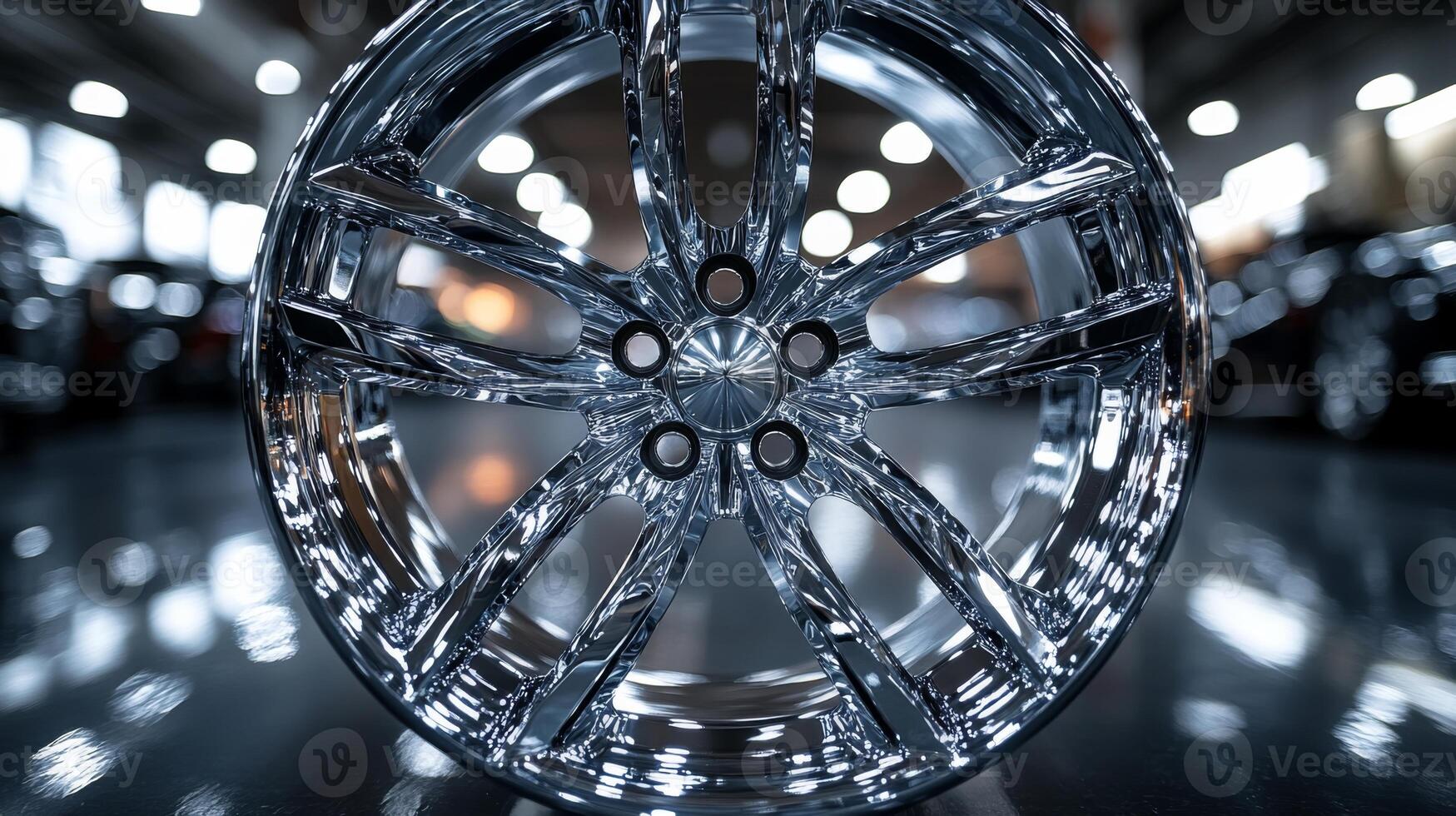 A chrome wheel is prominently displayed with intricate details in a contemporary manufacturing facility. photo