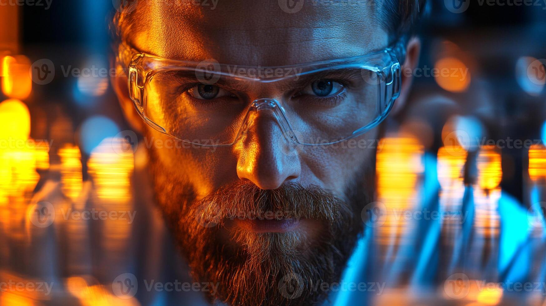 A scientist examines chemical synthesis processes in a state-of-the-art laboratory. The atmosphere is illuminated by vibrant lights from automated systems, reflecting a focus on innovation. photo