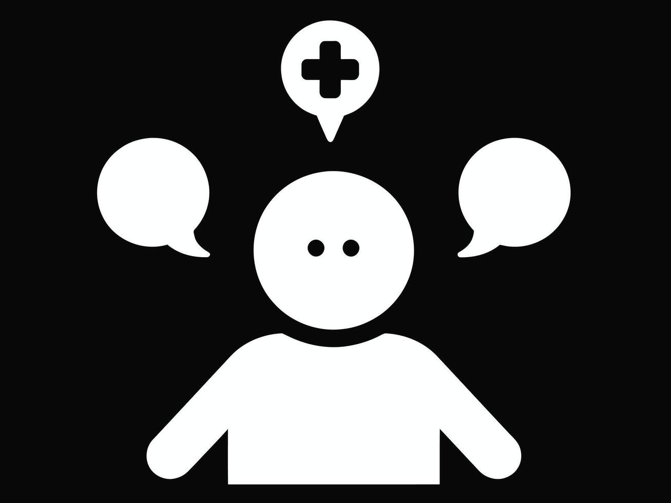 Simple illustration depicting a person with speech bubbles and a medical cross symbol above their head. Suitable for healthcare, communication, support concepts. vector