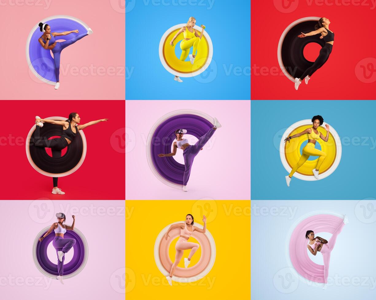 Various athletic women are seen performing energetic workout routines against vibrant backgrounds. Each figure showcases a unique pose, highlighting strength and dedication to fitness. photo