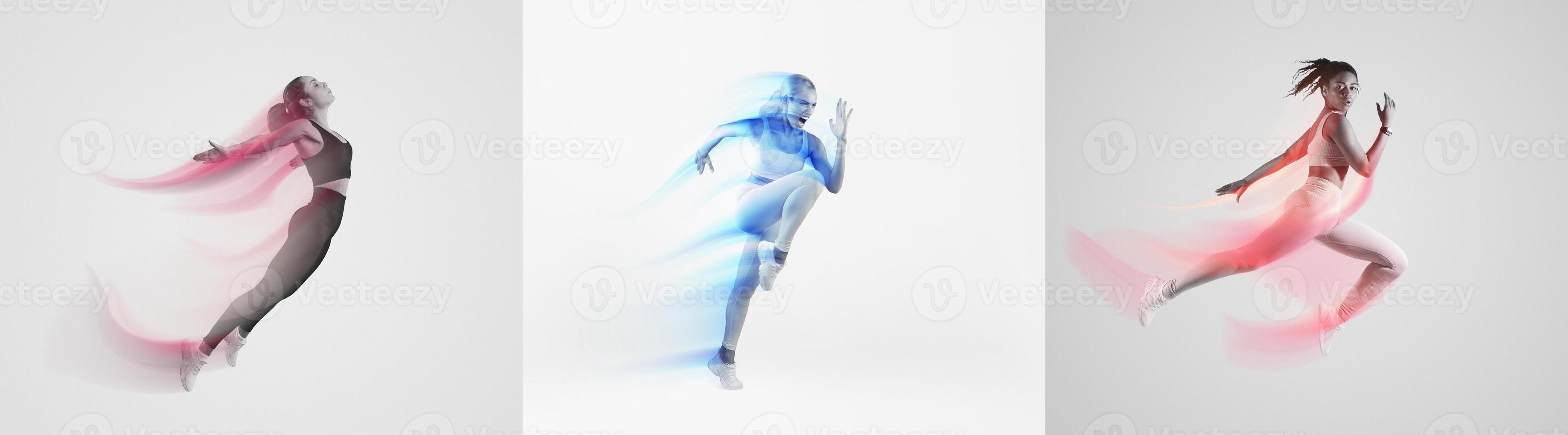 Three athletic individuals are captured in mid-motion, displaying vibrant energy and commitment to fitness. Each figure is surrounded by abstract colors, emphasizing a healthy lifestyle. photo