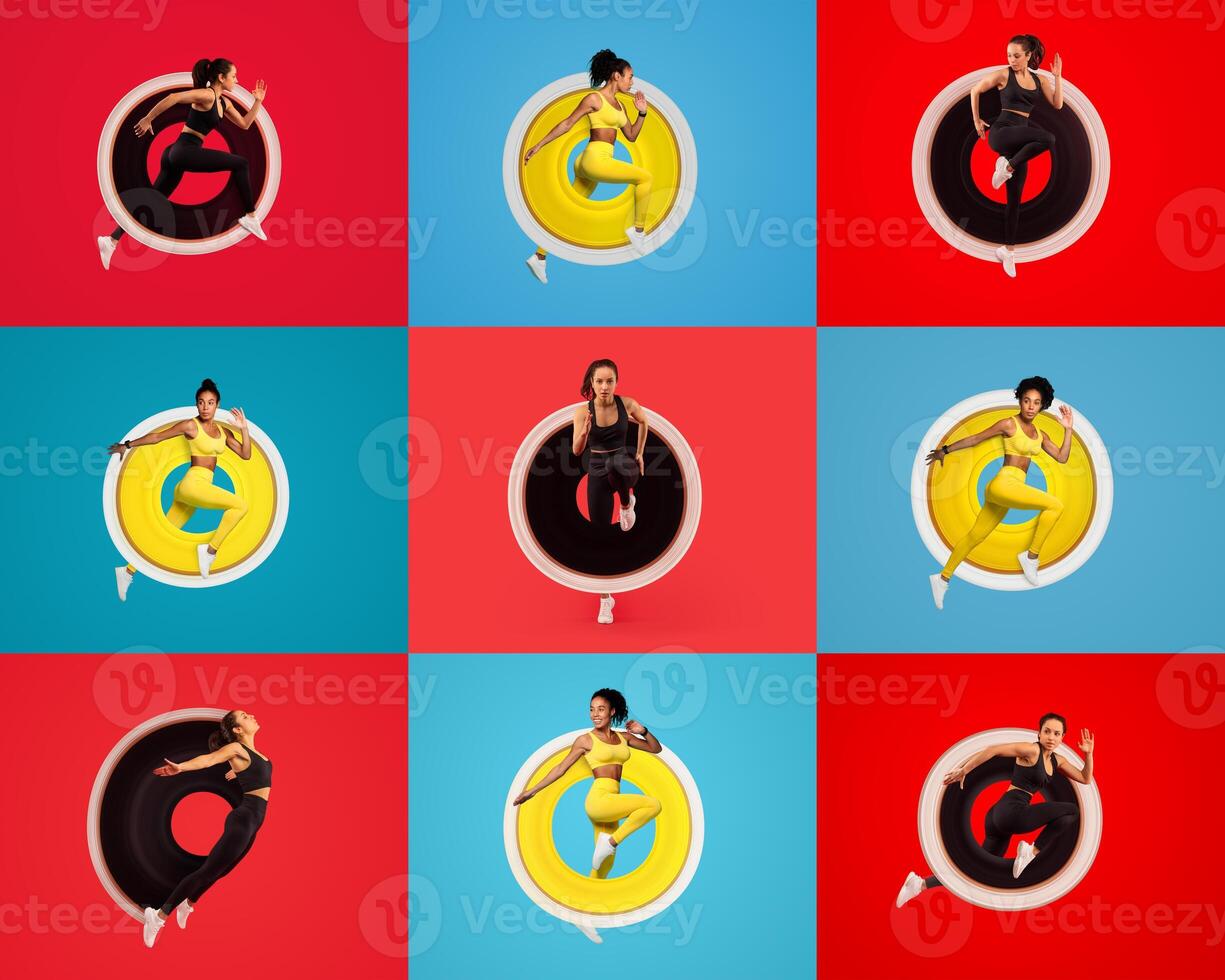Young adults participate in various workout routines, showcasing athleticism and a commitment to fitness. The vibrant background adds energy to their healthy lifestyle choices and activities. photo