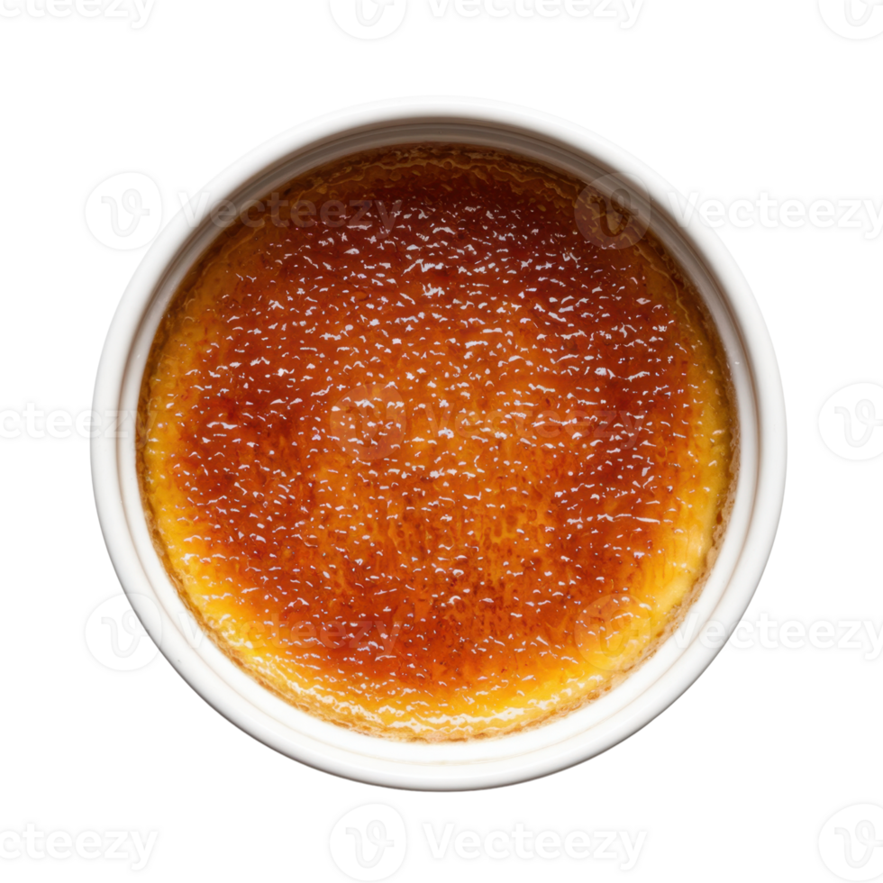 Golden-brown custard dessert with hard caramel top in a white ramekin isolated on transparent background png