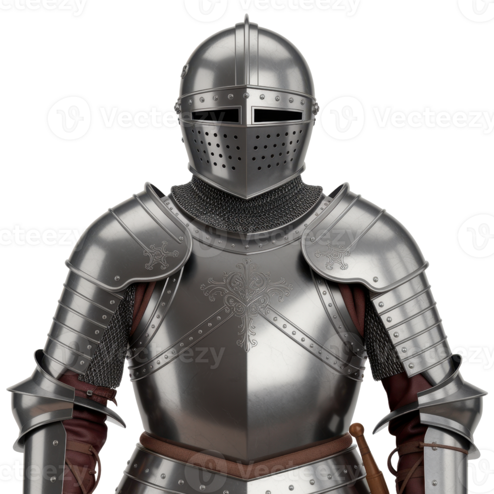 A gleaming suit of armor stands ready for battle isolated on transparent background png