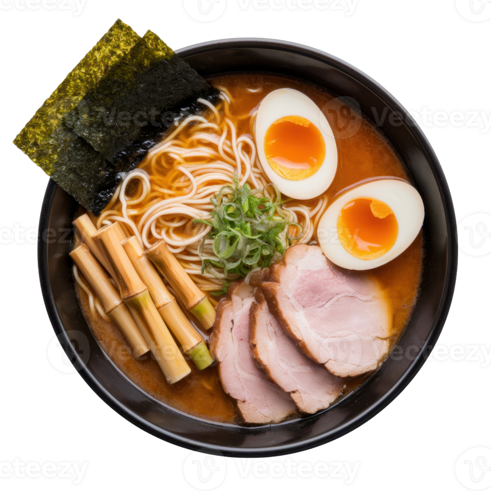 A hearty bowl of ramen filled with noodles, rich broth, sliced meat, soft boiled eggs, green onions, seaweed, and bamboo isolated on transparent background png