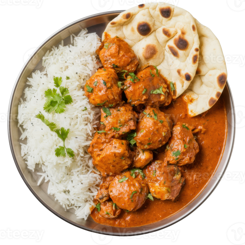 Delicious dish with pieces of saucy chicken, fluffy rice, and soft flatbread isolated on transparent background png