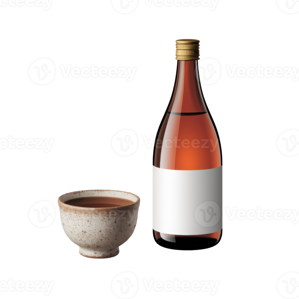 Still life of a brown bottle with a gold cap and a ceramic cup filled with liquid isolated on transparent background png