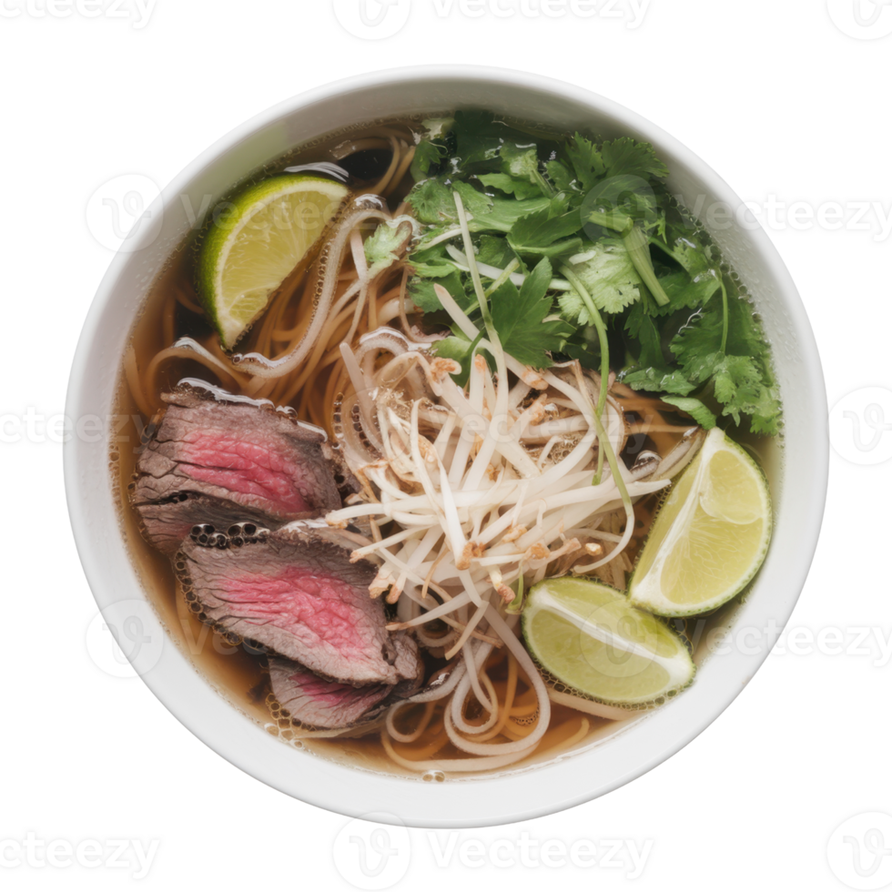 A flavorful noodle bowl filled with slices of rare beef, fresh sprouts, herbs, and lime wedges isolated on transparent background png