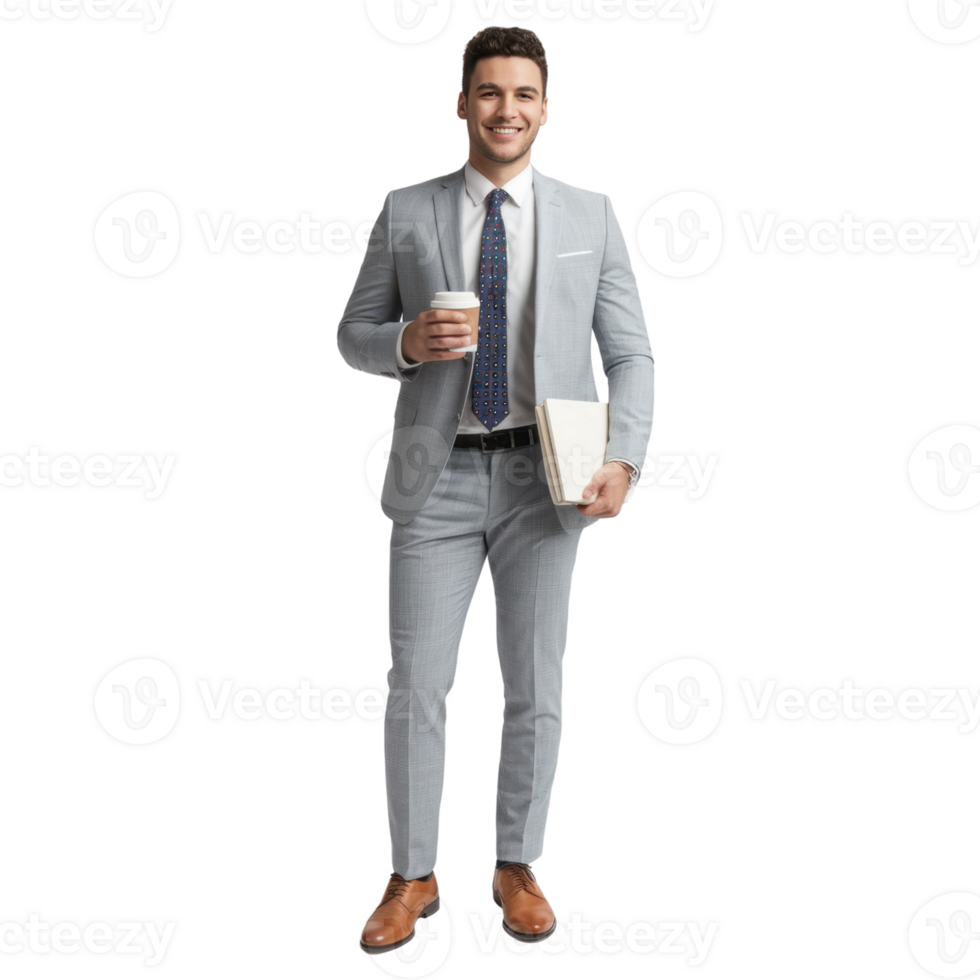 Confident man in suit holding coffee and book isolated on transparent background png