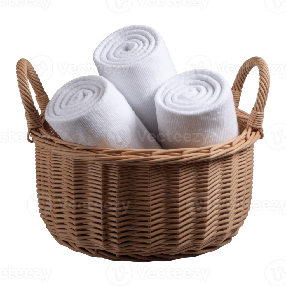 A warm wicker basket overflowing with three neat, rolled up, freshly laundered white towels isolated on transparent background png