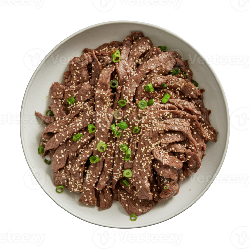 A bowl of sliced beef, sprinkled with sesame seeds and green onions isolated on transparent background png