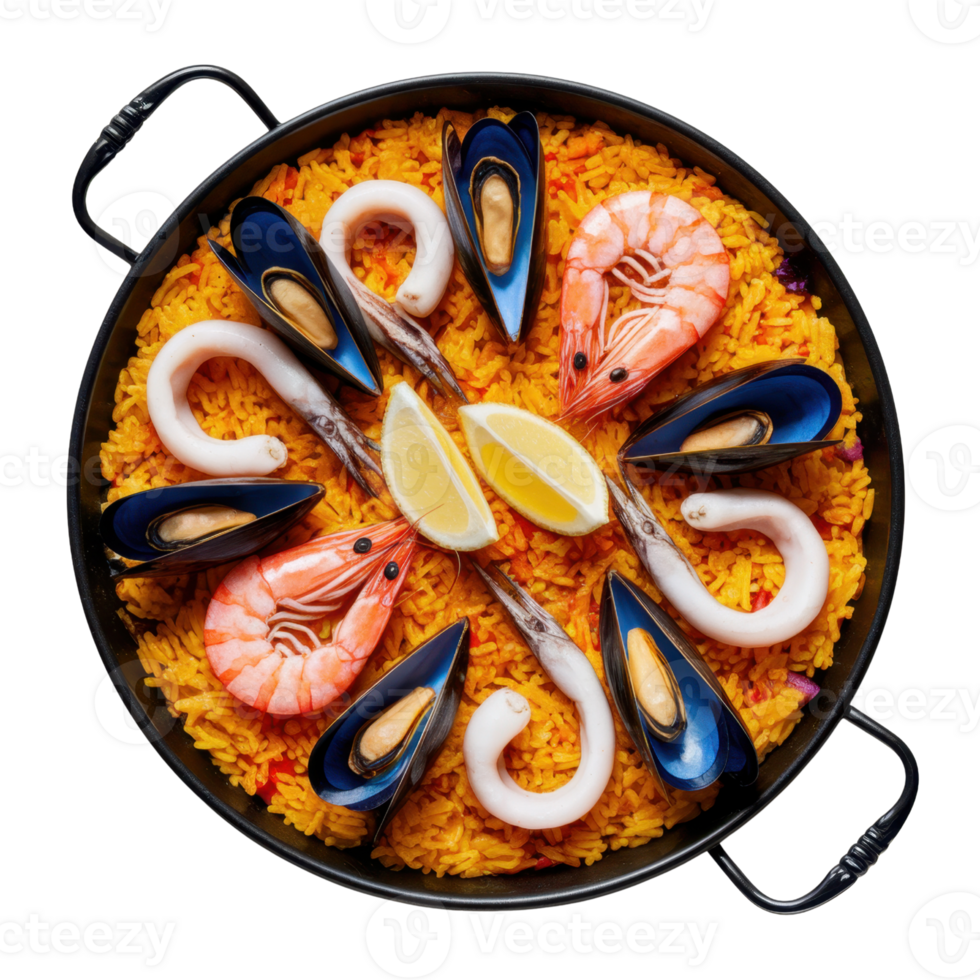 Top view of paella, a vibrant rice dish with shrimp, mussels, squid, and lemon isolated on transparent background png