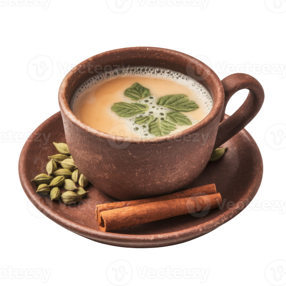 Warm beverage featuring a spiced drink with herbs, cinnamon sticks, and cardamom pods in a brown ceramic mug isolated on transparent background png
