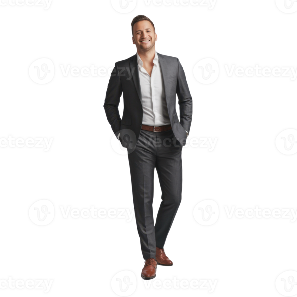 Confident businessman in stylish suit with hands in pockets, full length shot isolated on transparent background png