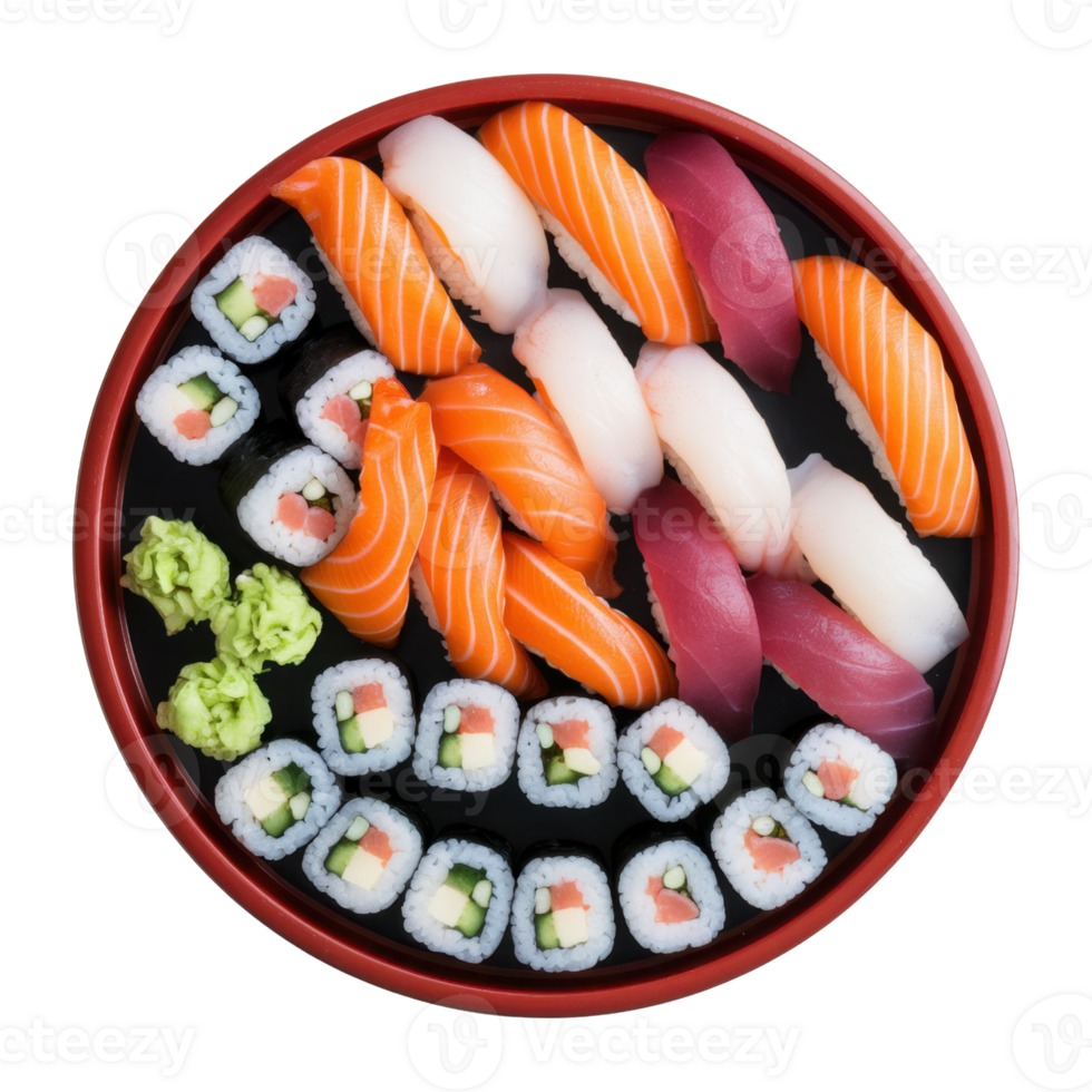 A vibrant assortment of sushi displayed on a dark platter. Includes nigiri, maki, and rolls isolated on transparent background png