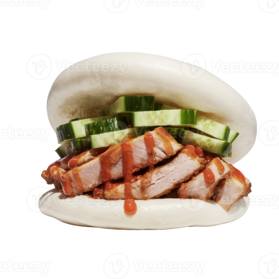 Steamed bun filled with slices of meat, cucumber, and a red sauce isolated on transparent background png