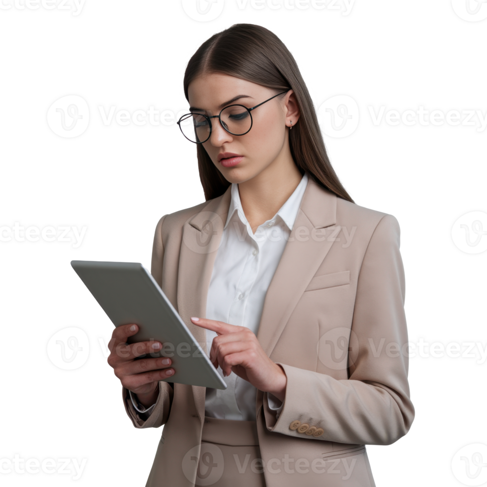 Professional woman in a suit, focused on using a tablet for work or research isolated on transparent background png
