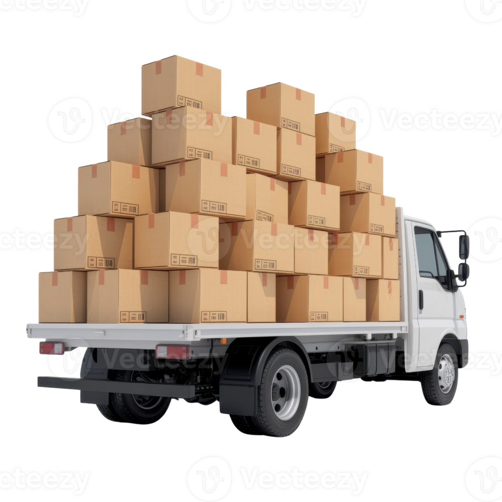 Delivery truck loaded with stacked boxes. Transportation and logistics isolated on transparent background png