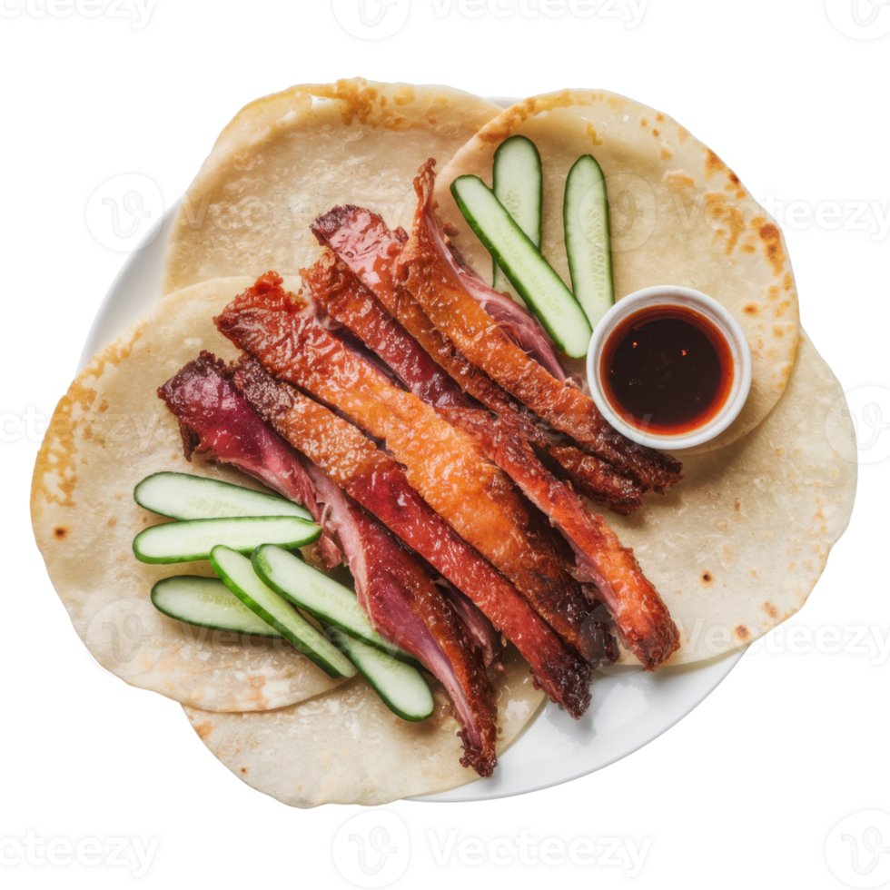 Crispy duck with cucumbers and sauce, served on delicate pancakes isolated on transparent background png