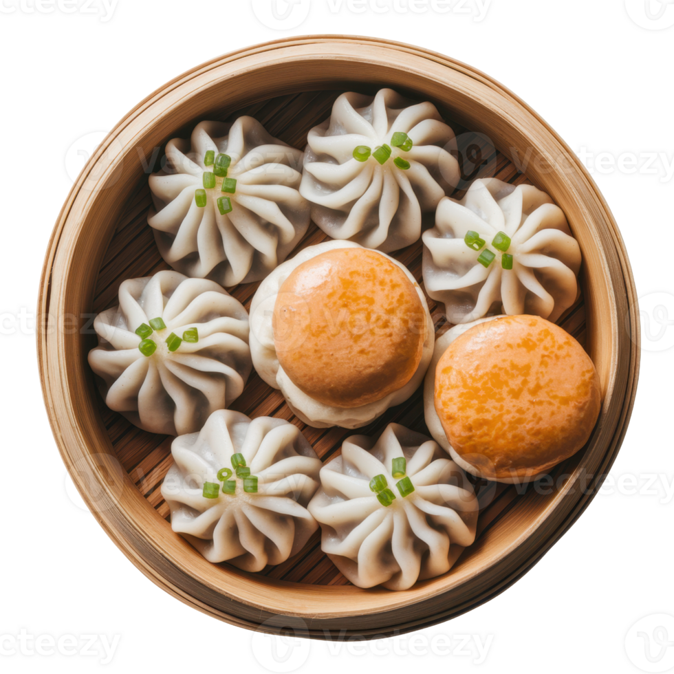 Steamed Asian dumplings and buns, artistically arranged in a traditional bamboo steamer basket isolated on transparent background png