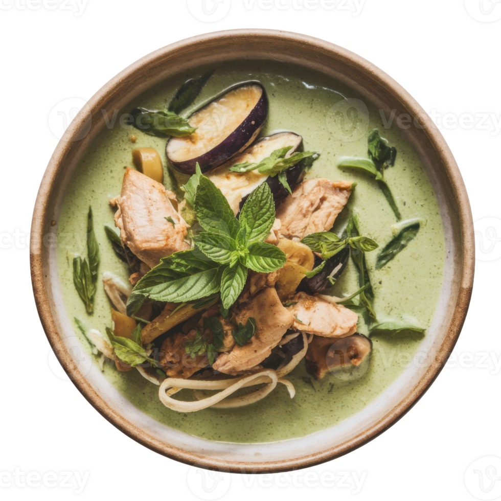 Aromatic chicken and eggplant curry in a creamy green sauce, garnished with fresh herbs, served in a rustic bowl isolated on transparent background png