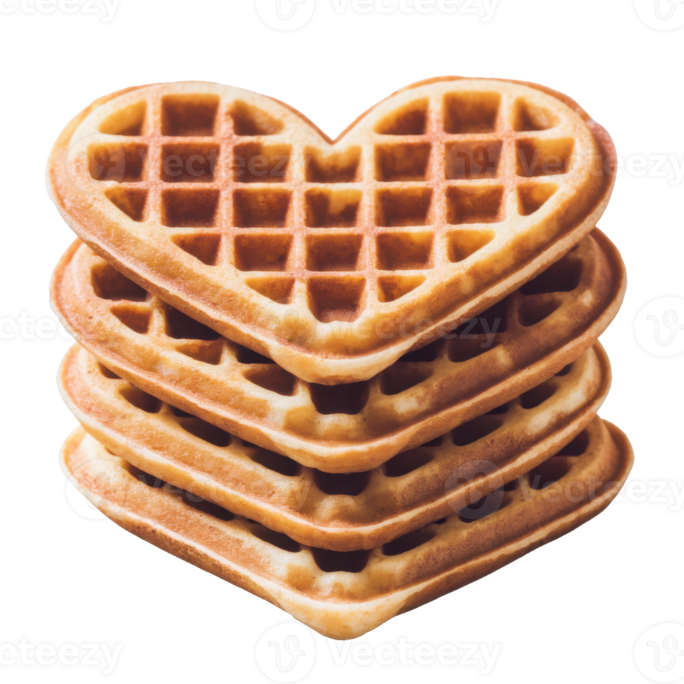 Stack of golden-brown heart-shaped waffles, perfect for a sweet breakfast isolated on transparent background png