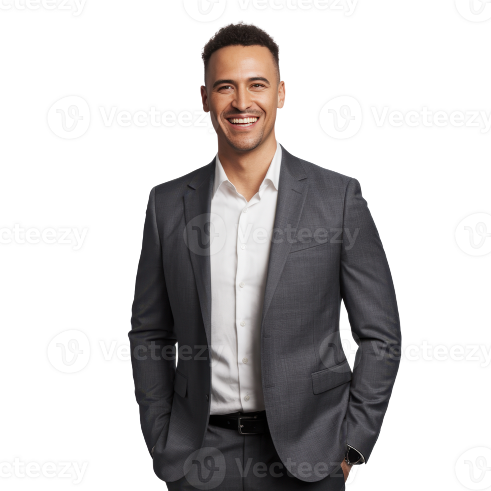 A cheerful man in a well-fitted suit exudes confidence and style isolated on transparent background png