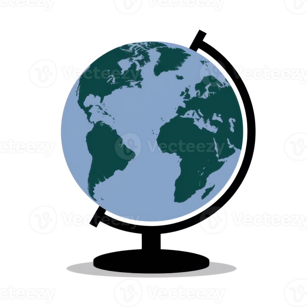 A world globe on a stand depicting the Earth with blue oceans and green continents isolated on transparent background png