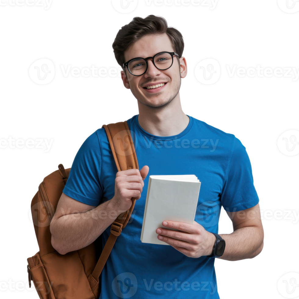 Smiling student with glasses and backpack holds a book isolated on transparent background png