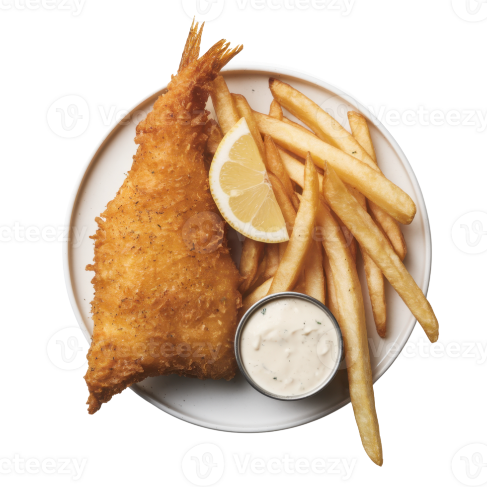 Classic fish and chips featuring a large piece of crispy fried fish, french fries, lemon wedge, and creamy isolated on transparent background png