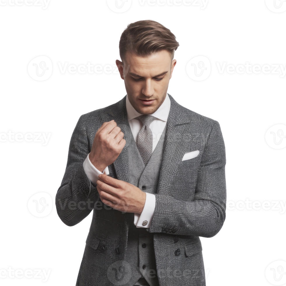 A distinguished gentleman in a tailored grey suit, meticulously fastening his cuff, exudes confidence and sophistication isolated on transparent background png