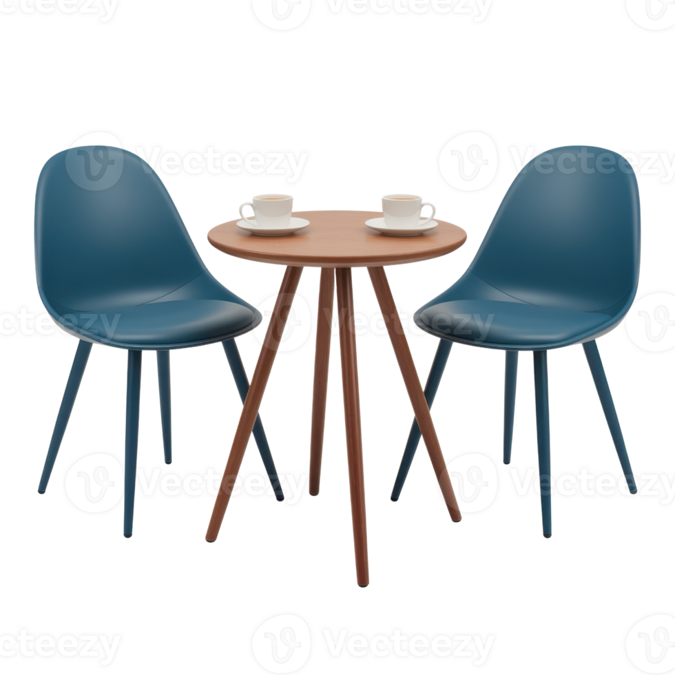 A cozy setup with two blue chairs flanking a round wooden table set for coffee isolated on transparent background png