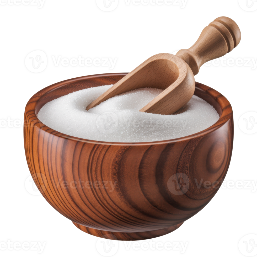 Wooden bowl filled with white granulated ingredient isolated on transparent background png