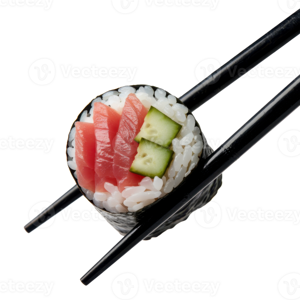Close-up of sushi roll with red fish and cucumber held by chopsticks png