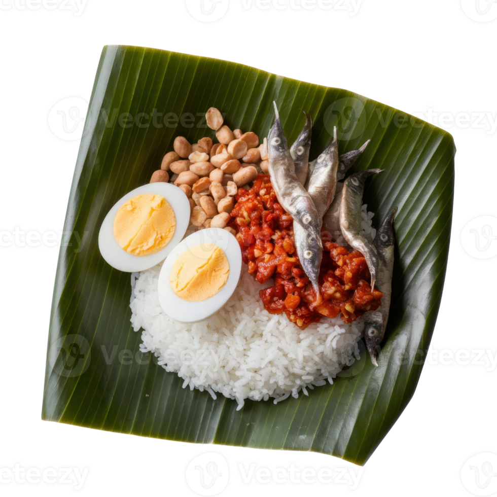 Authentic Asian cuisine featuring rice, boiled eggs, fried fish, peanuts and sambal on a banana leaf isolated on transparent background png