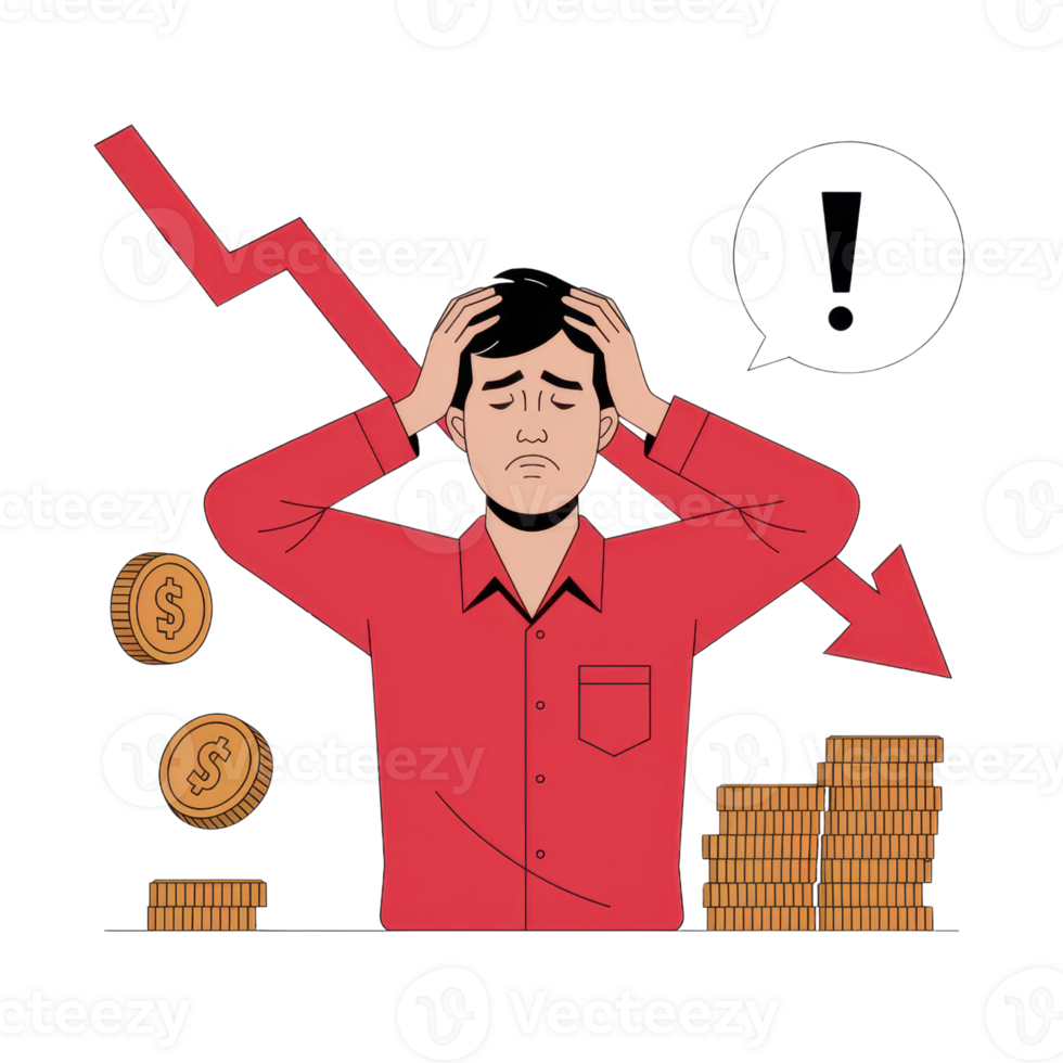 A man feeling financial pressure as money declines and economic challenges rise, indicated by downward arrows isolated on transparent background png