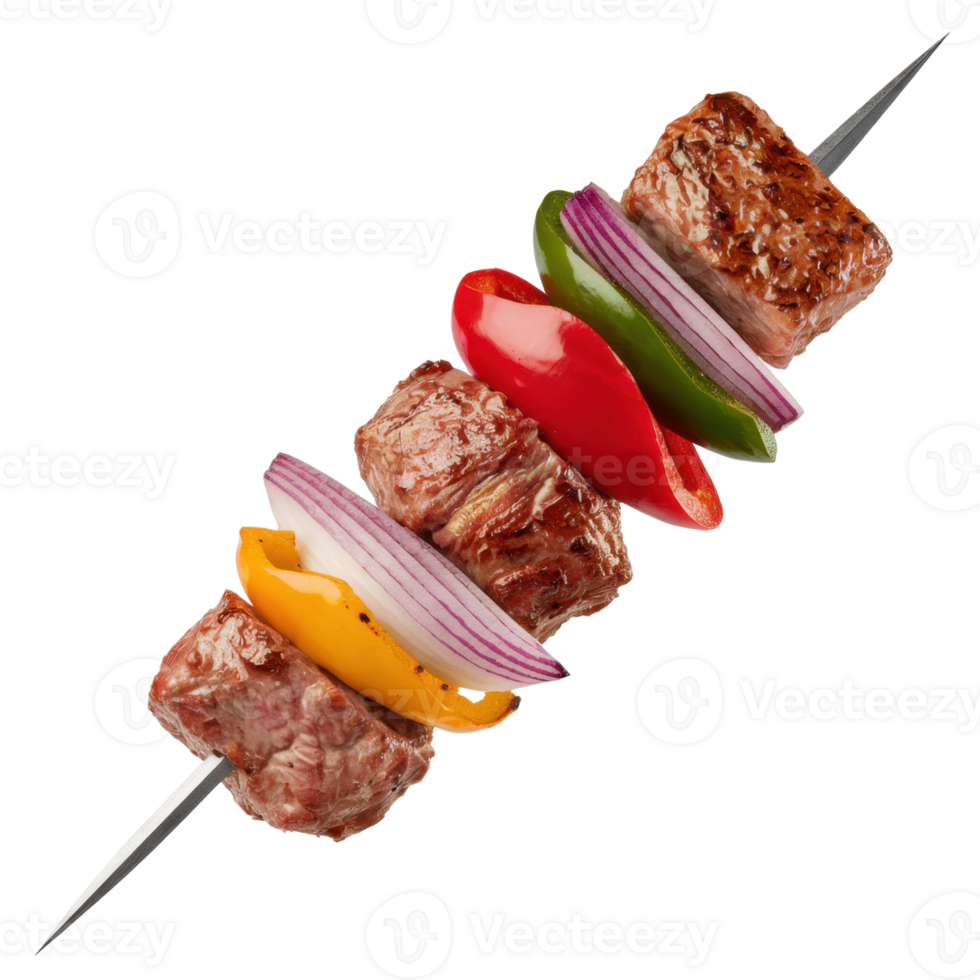 Grilled skewer with colorful bell peppers and beef cubes isolated on transparent background png